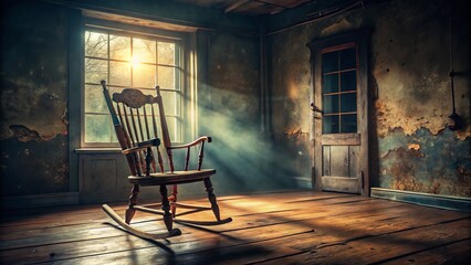 Vintage-inspired dolly shot of a worn, wooden rocking chair creaking gently in a dimly lit, abandoned parlor on a foggy afternoon.