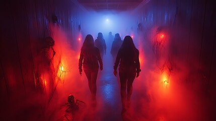 A fog-filled haunted maze with eerie glowing lights, people cautiously navigating the narrow, dark corridors, spooky Halloween props like cobwebs and skeletons scattered along the walls,