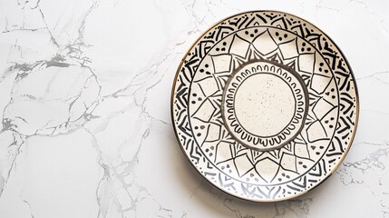 8. Flatlay of a beautifully designed ceramic plate with intricate patterns, placed on a clean surface.