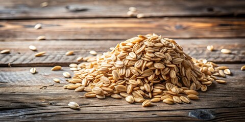 A handful of oats on a rustic table with soft shadow and clean background