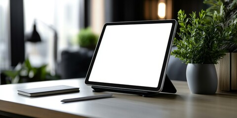 Fototapeta premium A tablet, a pen, and a notebook on a desk.