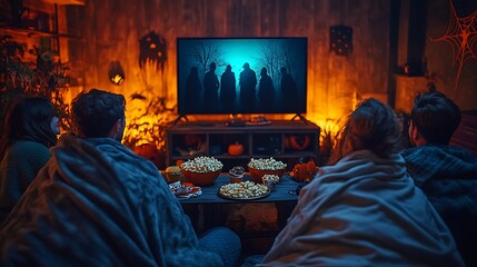 A group of friends watching a horror movie marathon, wrapped in cozy blankets, popcorn bowls and Halloween snacks on the table, the TV casting an eerie glow on their faces,
