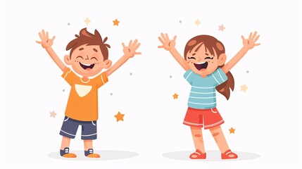 Fototapeta premium 14. Vector illustration of two joyful kids, a boy and a girl, standing with open arms, radiating happiness and friendliness.