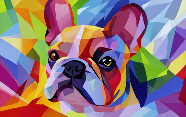 Colorful abstract geometric painting of a bulldog with vibrant hues in a modern art style suitable for creative projects.