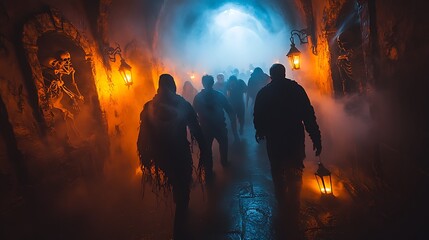 Fototapeta premium A group of people cautiously walking through a dark, foggy haunted maze, eerie lighting casting long shadows, spooky props like skeletons and cobwebs scattered along the maze walls,