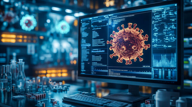 In a laboratory setting, a computer is showing a 3d model of the coronavirus with analysis and data on the screen
