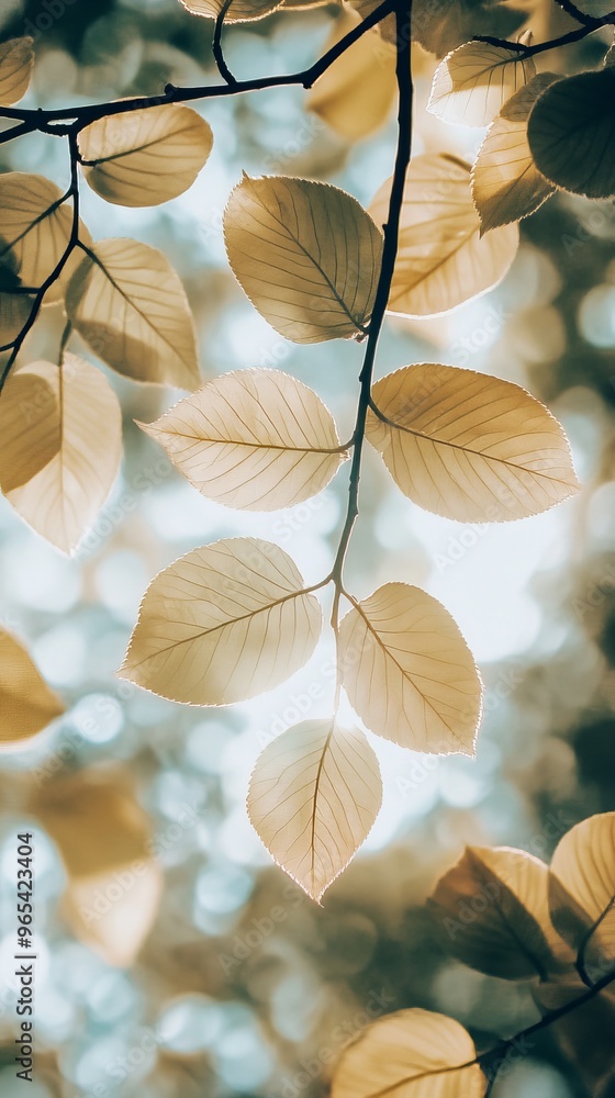 Poster sunlit leaves in soft focus forest bokeh, nature serenity concept