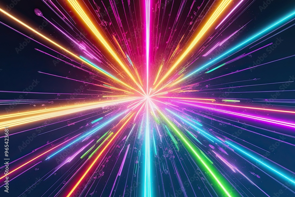 Poster vibrant neon shape shifting abstract design with radiating fluorescent elements and colorful sparkli