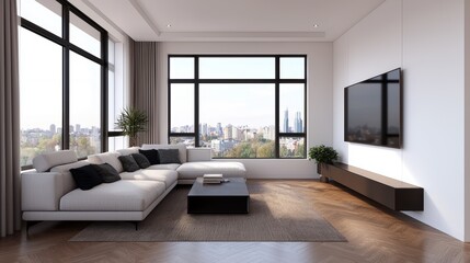 Sleek Modern Living Room with Stunning Cityscape Reflections in 3D Render with Ray Tracing in Ultra HD