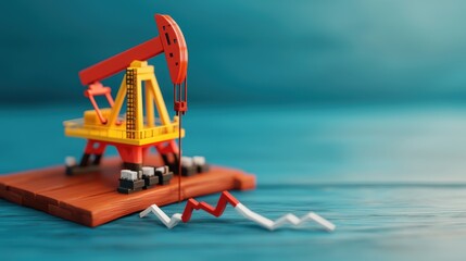 Fototapeta premium Financial Crisis Concept: Oil Rig with Downward Trend Graph with Copy Space, Selective Focus in