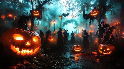 Naklejka premium A Halloween scavenger hunt taking place in a haunted forest, participants in creepy costumes looking for hidden items among fog-covered trees, glowing jack-o-lanterns lighting their way,