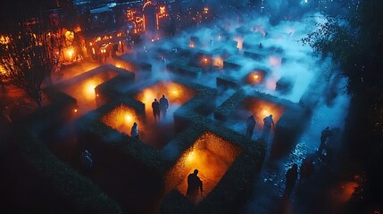 A haunted maze at night, with people cautiously navigating the fog-filled path, eerie lighting illuminating the spooky decorations, ghostly figures lurking in the shadows,