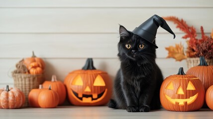 Black cat in a witch s hat, sitting next to glowing jack-o'-lanterns and festive Halloween decorations in a cozy holiday home setting