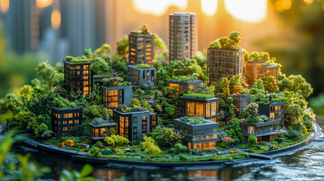 Eco-friendly urban development showcased in a miniature city diorama with green rooftops at sunset