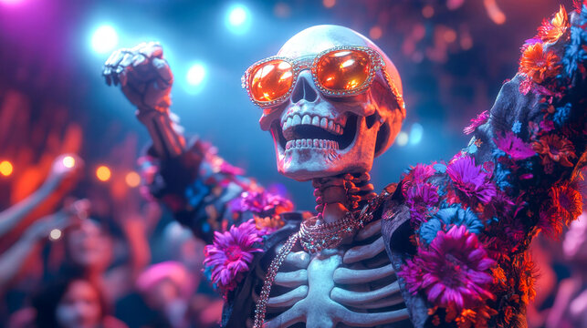 Skeleton in a flower jacket, sunglasses, and jewelry is grooving at a concert