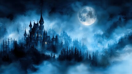 A mystical castle shrouded in blue mist under a full moon.