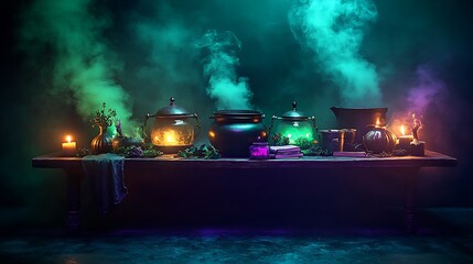 A mystical potion-making table filled with bubbling cauldrons, herbs, glowing potions, and spell books, green and purple lights casting eerie shadows, candles flickering softly,