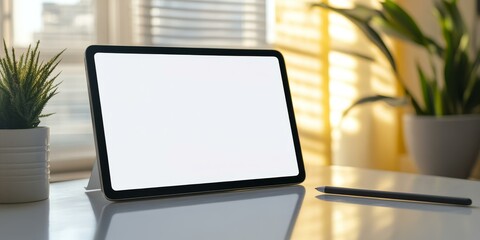 Tablet, pen, plant, white table, window.