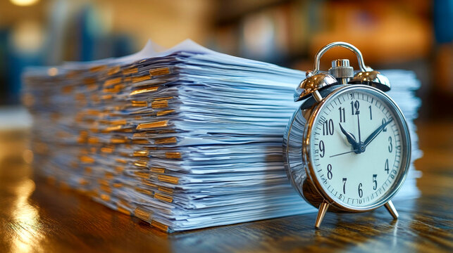 Vintage alarm clock is counting down next to a stack of paperwork, symbolizing the concept of a deadline