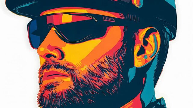A vibrant illustration of a man in a cap and sunglasses