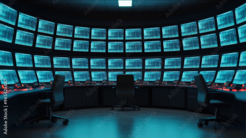 Poster futuristic hightech control center with glowing screens and reflections - with ray tracing