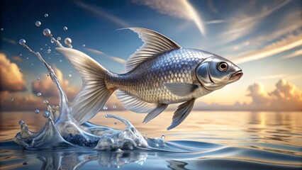 "A silver fish with a radiant sheen arcs out of the rippling water's surface, its tail thrashing air in a whimsical, carefree leap"