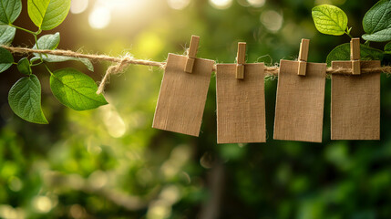 Blank kraft paper cards hanging on a clothesline with wooden pegs outdoors. Empty copy space for text