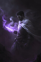 A strong looking mage in his thirties with a short beard, wielding a short sword glowing with dark purple energy