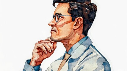 A thoughtful scientist in a white lab coat, contemplating ideas with a focused expression and wearing glasses