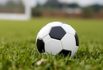 Fototapeta premium Soccer ball resting on a lush, green field with dew drops on it