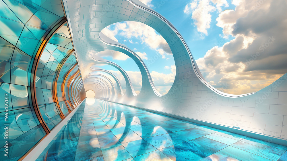 Wall mural futuristic hallway with curved windows reflecting sky and clouds