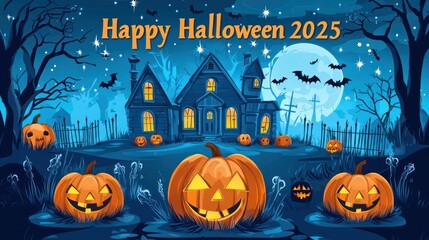 Fototapeta premium Flat Vector Illustration of Halloween Background with Haunted House, Pumpkin and Scary Tree. Graveyard Scene for Halloween Lantern Festival Vector Graphic Design. Scary Halloween Night Banner Template
