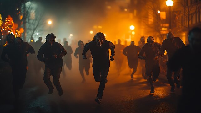 A zombie run event at night, participants running through a fog-filled street chased by realistic zombies, dim streetlights casting eerie shadows, motion blur capturing the action,