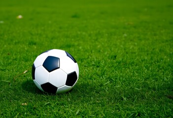 Obraz premium Soccer ball resting on a lush, green field with dew drops on it