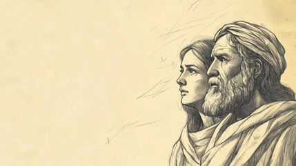 Fototapeta premium Biblical Illustration of Numbers: Aaron Looking Regretful During God’s Rebuke, Captured on a Beige Background, Emphasizing Repentance and Divine Correction