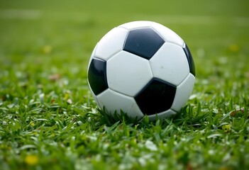Fototapeta premium Soccer ball resting on a lush, green field with dew drops on it
