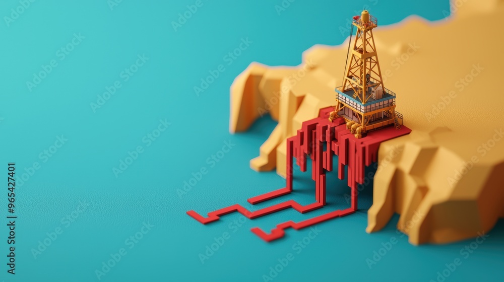 Poster financial crisis concept: oil rig with collapsing price graph in with copy space and selective focus