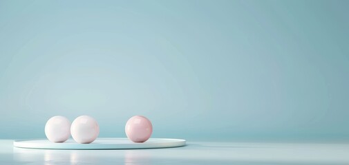 A serene composition of pastel-colored spheres on a minimalistic plate against a soothing blue background.