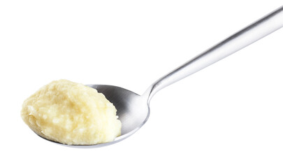 Spoon with mashed potatoes isolated on white background. With clipping path.