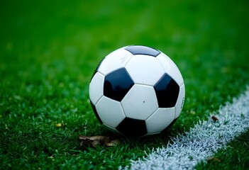 Obraz premium Soccer ball resting on a lush, green field with dew drops on it