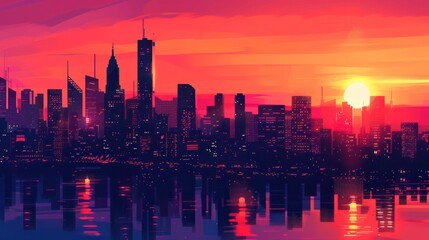 Fototapeta premium As the last rays of sunlight fade into the horizon, the city below awakens with a kaleidoscope of colors, its towering skyscrapers casting long shadows across the landscape.