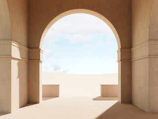 Obraz premium Modern minimalistic interior with a view of the sand dunes - 3d render. Simple background with a podium, showcase for advertising and presentations. Aesthetic architecture of the building space.