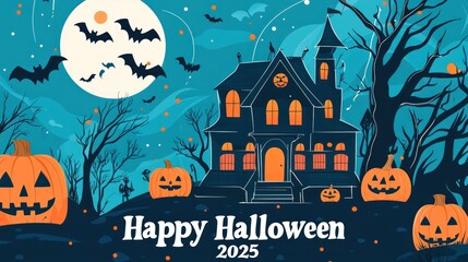 Flat Vector Illustration of Halloween Background with Haunted House, Pumpkin and Scary Tree. Graveyard Scene for Halloween Lantern Festival Vector Graphic Design. Scary Halloween Night Banner Template