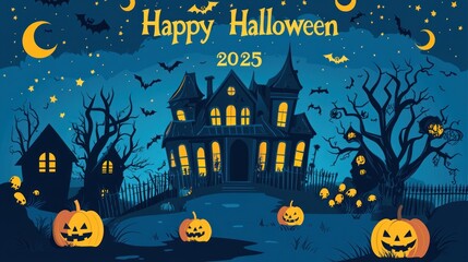 Fototapeta premium Flat Vector Illustration of Halloween Background with Haunted House, Pumpkin and Scary Tree. Graveyard Scene for Halloween Lantern Festival Vector Graphic Design. Scary Halloween Night Banner Template