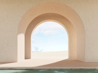 Modern minimalistic interior with a view of the sand dunes - 3d render. Simple background with a podium, showcase  for advertising and presentations. Aesthetic architecture of the building space.