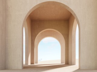 Modern minimalistic interior with a view of the sand dunes - 3d render. Simple background with a podium, showcase  for advertising and presentations. Aesthetic architecture of the building space.