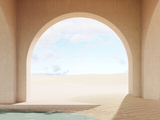 Modern minimalistic interior with a view of the sand dunes - 3d render. Simple background with a podium, showcase  for advertising and presentations. Aesthetic architecture of the building space.