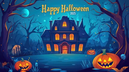 Fototapeta premium Flat Vector Illustration of Halloween Background with Haunted House, Pumpkin and Scary Tree. Graveyard Scene for Halloween Lantern Festival Vector Graphic Design. Scary Halloween Night Banner Template