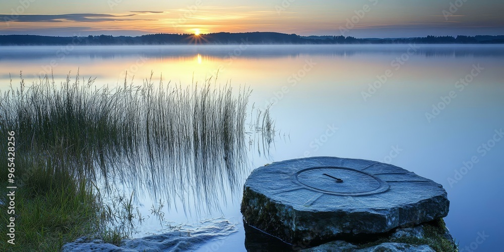 Wall mural Sunrise over a lake with fog and a stone circle.