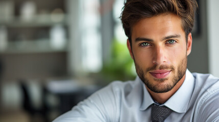 Obraz premium Confident young businessman in white shirt with beard in office setting